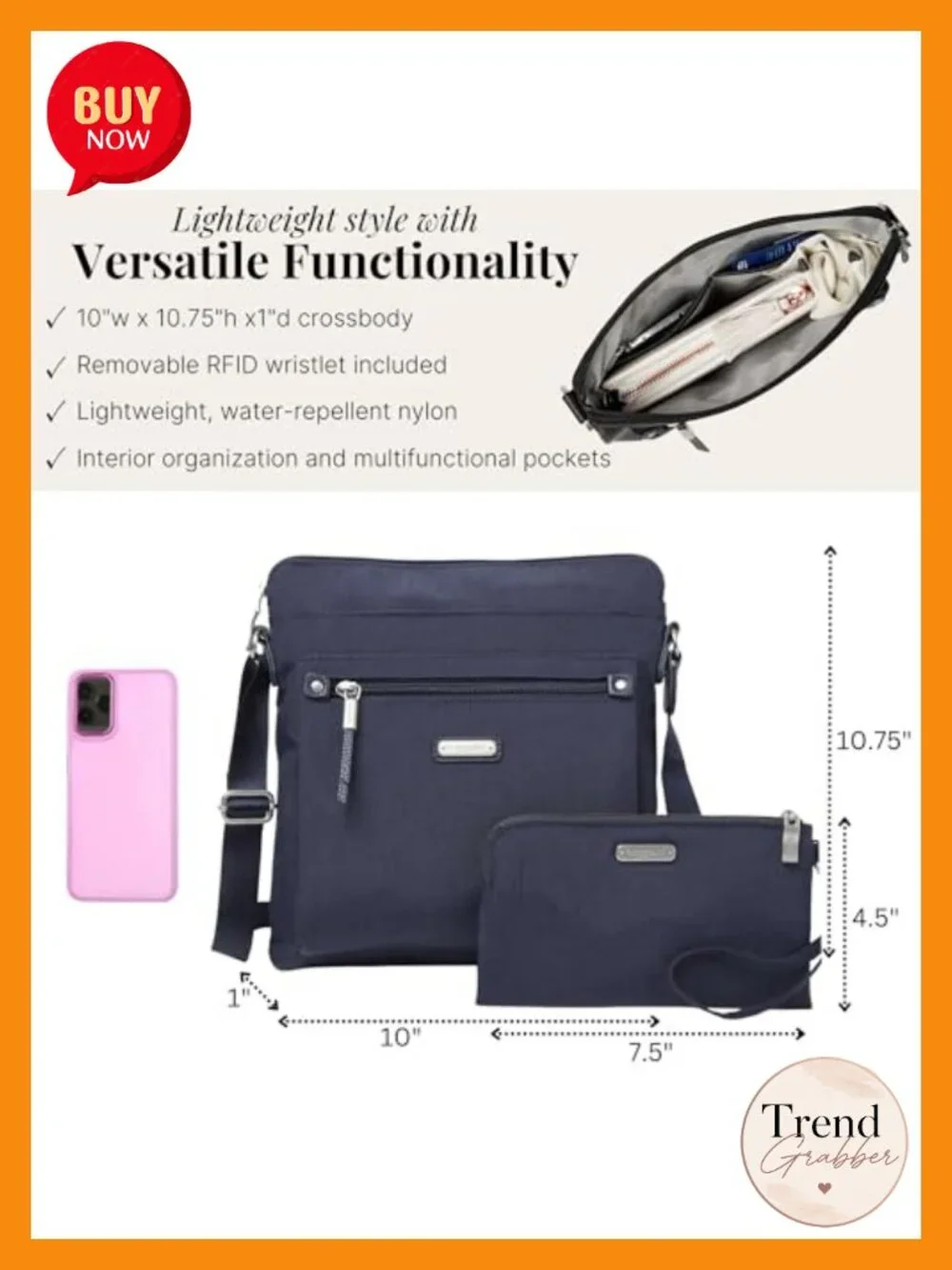 Removable RFID Wristlet Crossbody Bag with Water-Resistant Nylon